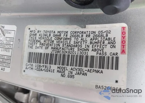 2002 Toyota Camry Le from USA, damaged, VIN JTDBE32K820113031